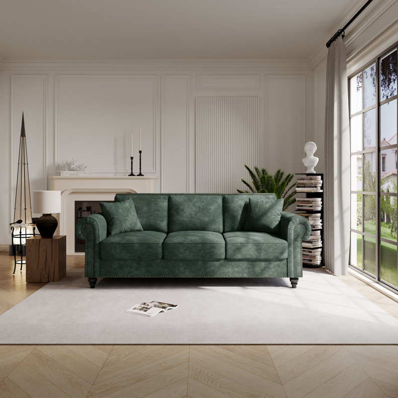 86" Rolled Arm Chenille Upholstered Sofa With Nailhead Trim & Solid Wood Legs, 3-seater Couch, Green