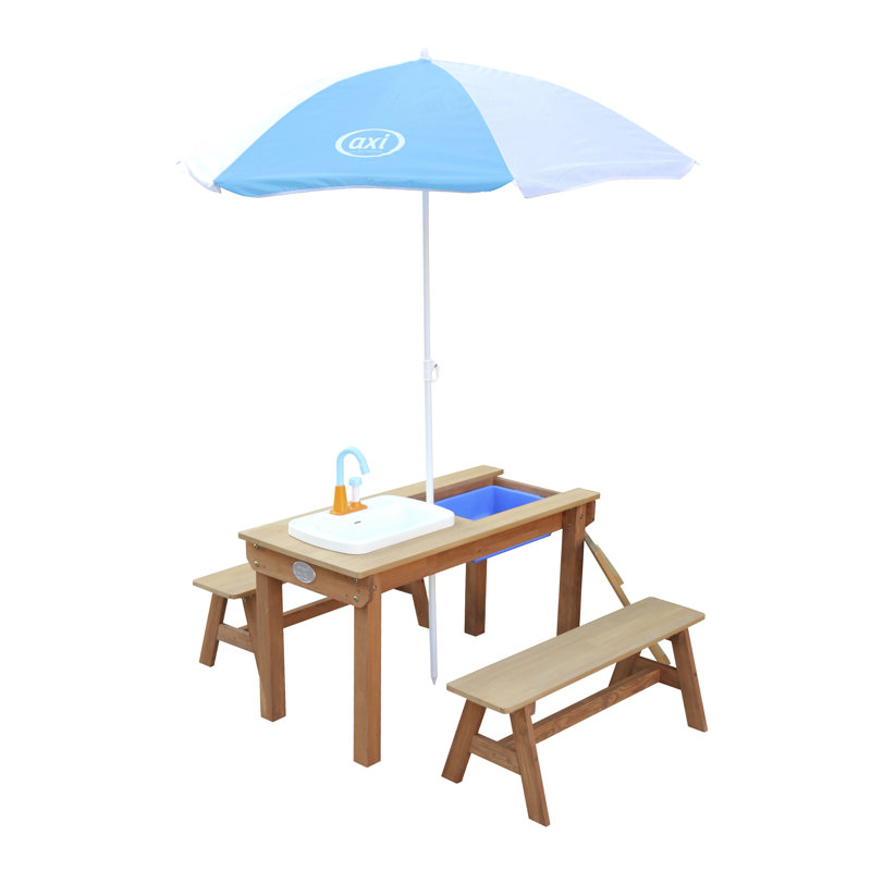Dennis water Picnic Table with Play Kitchen Sink And Benches Brown/Parasol Blue/White Kitchen Set and Sand