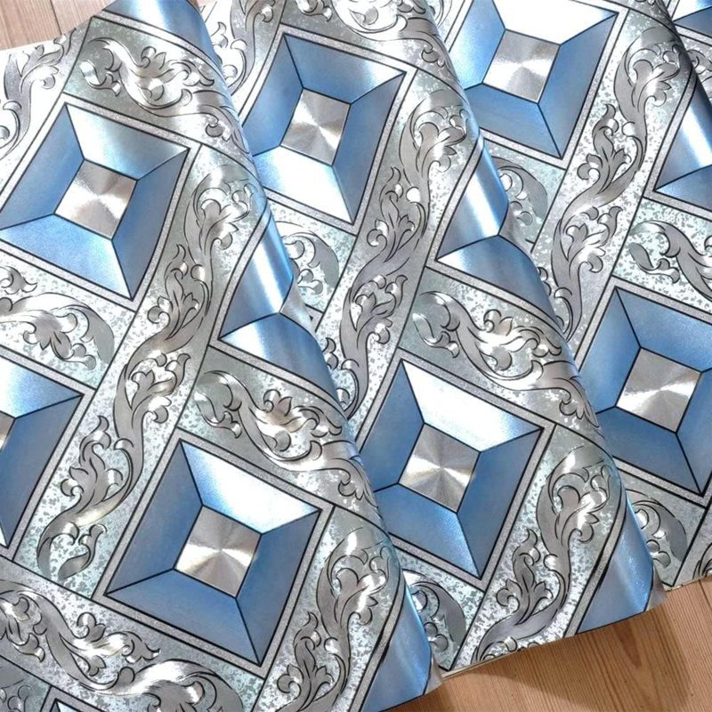 Modern Minimalist Silver Foil Grid Flicker Thick Waterproof Wall Paper Silver Blue Non-Pasted 1.73'W x 32.8'L