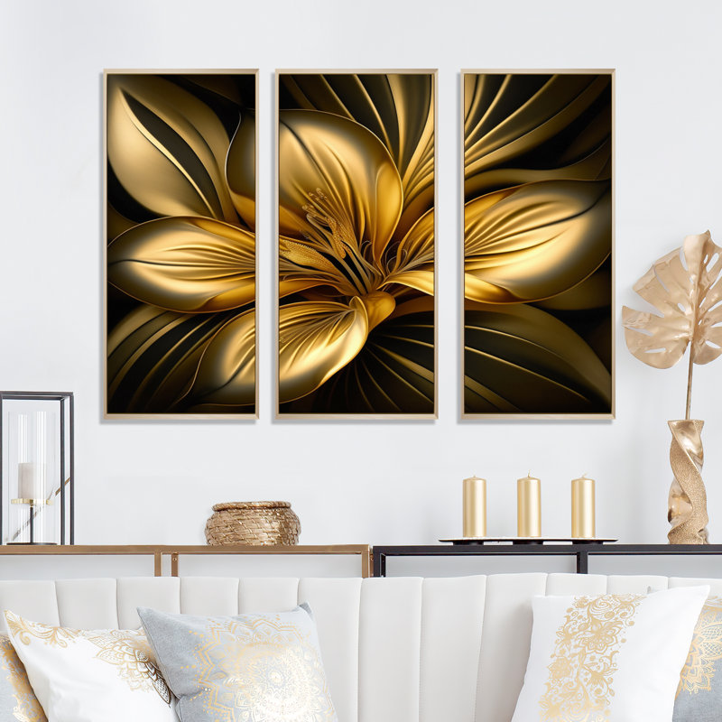 «Lily Gold I», reproduction sur toile 3 pièces, H 28 po x l 36 po x P 1 po, Toile avec cadre naturel