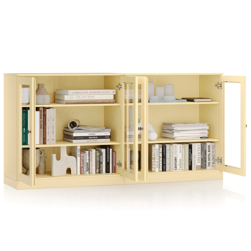 Buffet 100% bois massif 64 po avec portes en verre givré, 4 tiroirs, Jaune