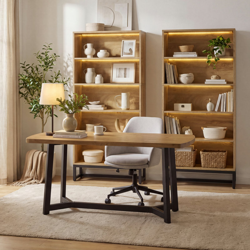 Ensemble de bureau à domicile 3 pièces: bureau de 63 po en bois de pin massif et bibliothèque à 5 niveaux en H 70,47 po avec lumières DEL