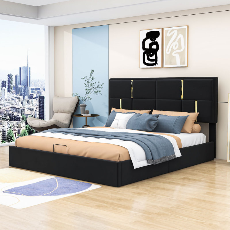 Lit plateforme tapissier avec rangement Hristofer, Grand, Noir