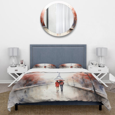 «In Love In Paris Eiffel Tower Vintage Aquarelle - Ensemble de housse de couette Cityscapes» - Microfibre de polyester