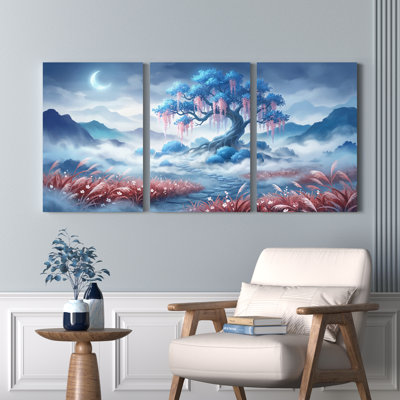 «Moonlit Fantasy Landscape» avec arbre bleu et herbe rose, reproduction d'art sur toile tendue sur toile, ensemble de 3