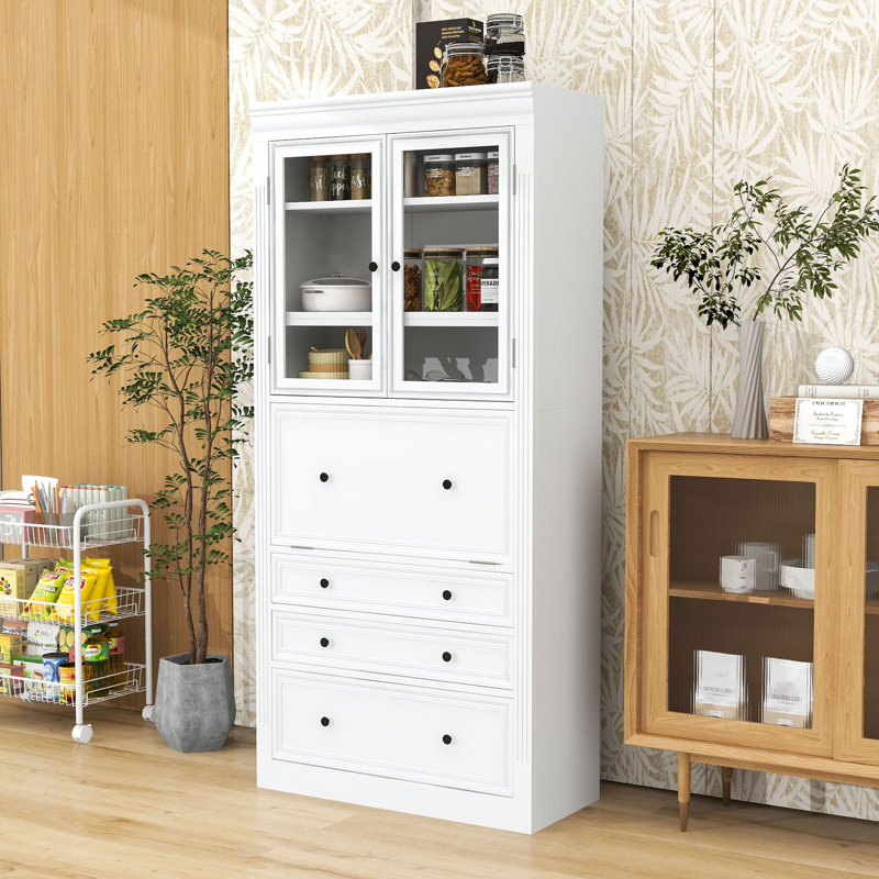 Armoire de cuisine Farmhouse avec tablettes réglables, prise de courant, portes en verre et 3 tiroirs, Blanc