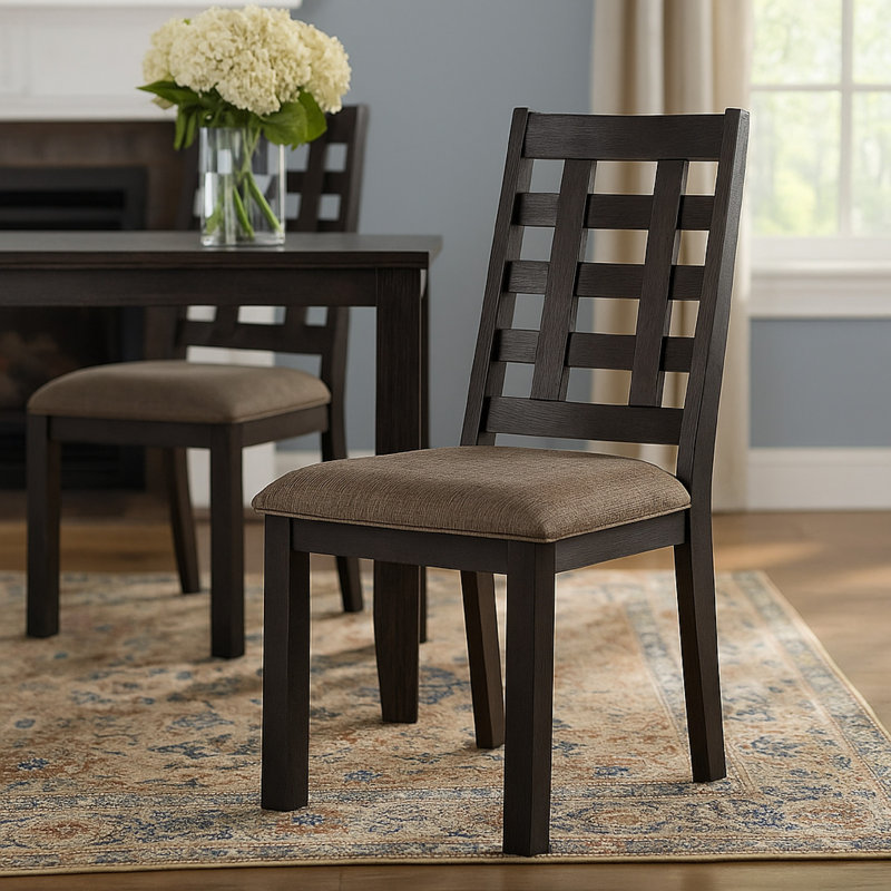 Ensemble de 2 chaises de salle à manger Trixy, dossier carré ouvert, bois espresso, tissu beige