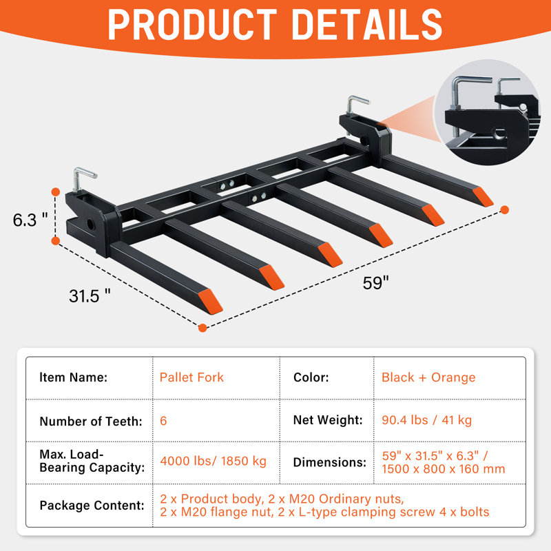 ToughSite Workforce Essentials Heavy-Duty 6-Tine Clamp on Pallet Forks, 4000 lbs Capacity, double nut construction, to Clean Debris, or Yard Waste, Black