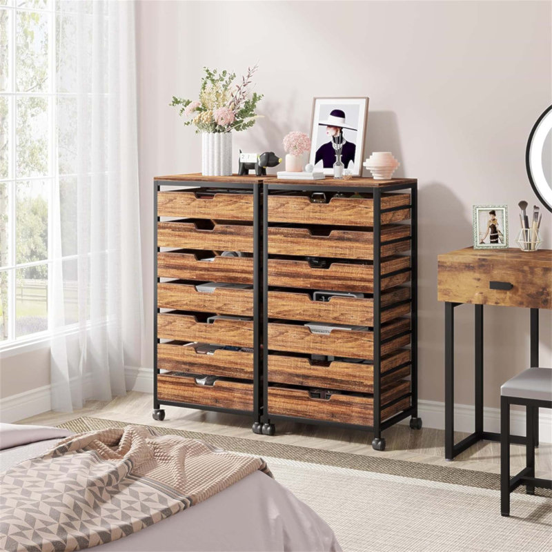 Commode de rangement à 7 tiroirs avec roulettes, rangement industriel en bois, commode mobile pour le bureau et la maison