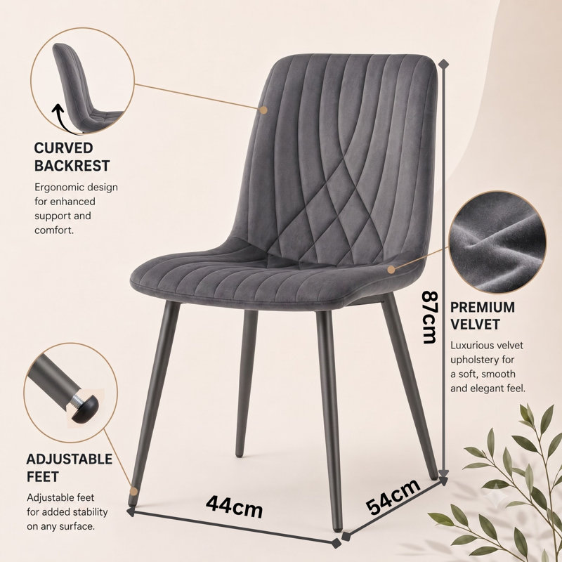 Modern 4 Dark Grey Velvet Dining Chairs Set Diamond Tufted Kitchen Dining Chairs