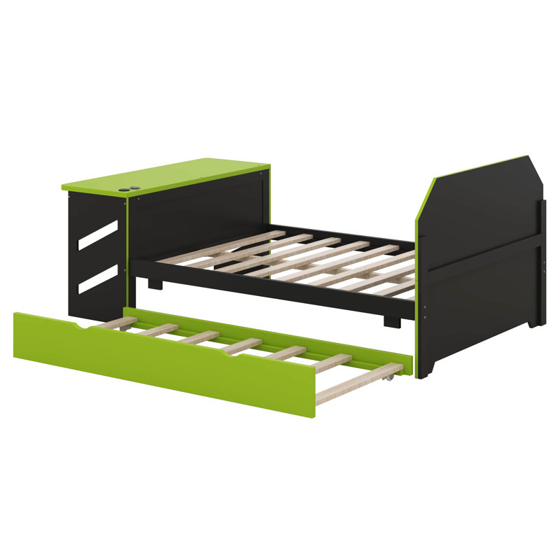 Lit de jour double en bois avec lit gigogne simple, lit de jeu avec bureau et port USB pour enfants adultes, conception peu encombrante