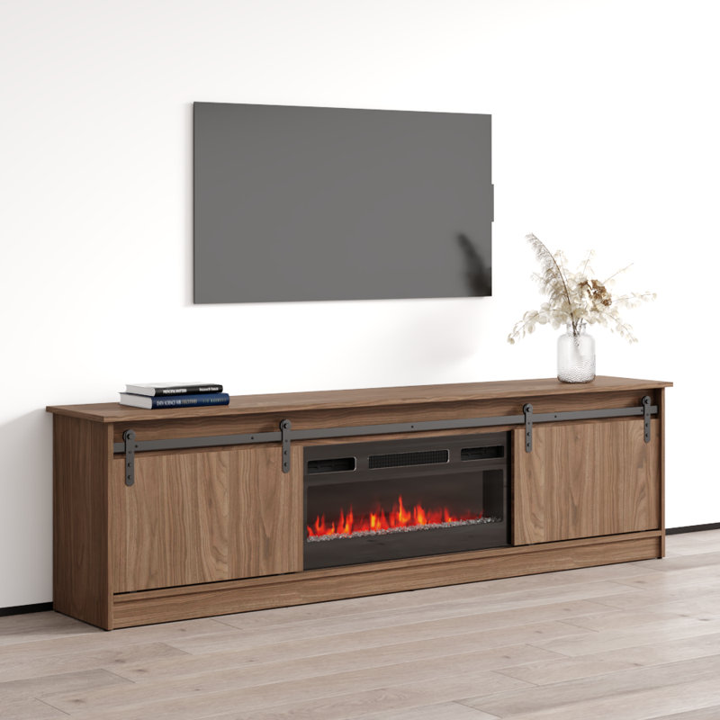 Grigsby 78.7" Modern TV Stand with Electric Fireplace, Matte Finish, Media Storage, Walnut
