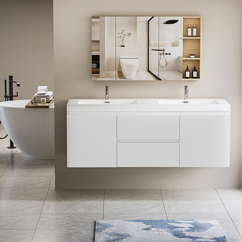 Floating Bathroom Vanity With 2 Sink, Wall-Mounted Bathroom Vanity Cabinet, White