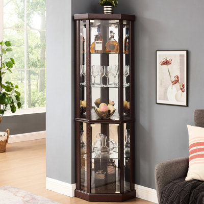 Living Room Curio Table - Dark Cherry, Lighted, Adjustable Shelves Wine & Bar Glass Storage Cabinet Shelves, 16.41 In. Width