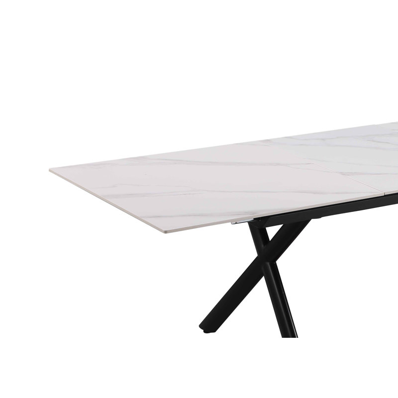 Contemporary White Marbleized Glass Extendable Dining Table with Black Steel Base
