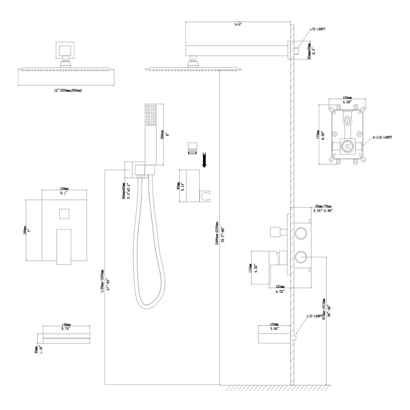 12 Inch Wall Mounted Shower System With Matte Black Appearance & Waterfall Tub Spout, Square Rainfall Head Rain Head, Spout For Tranquil Bath Experience