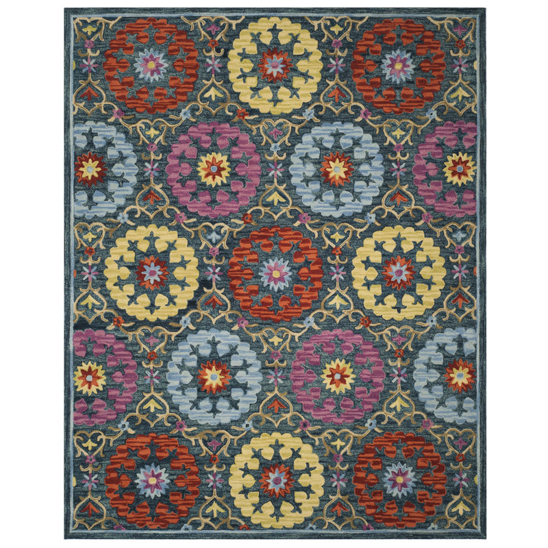 Suzani Hand Hooked Wool Geometric Rug, Rectangle 8' x 10'