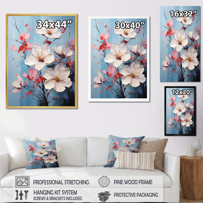 Fusion de cornouiller rose fauve sur toile, Cadre flottant blanc, H 20 po x l 12 po x P 1 po
