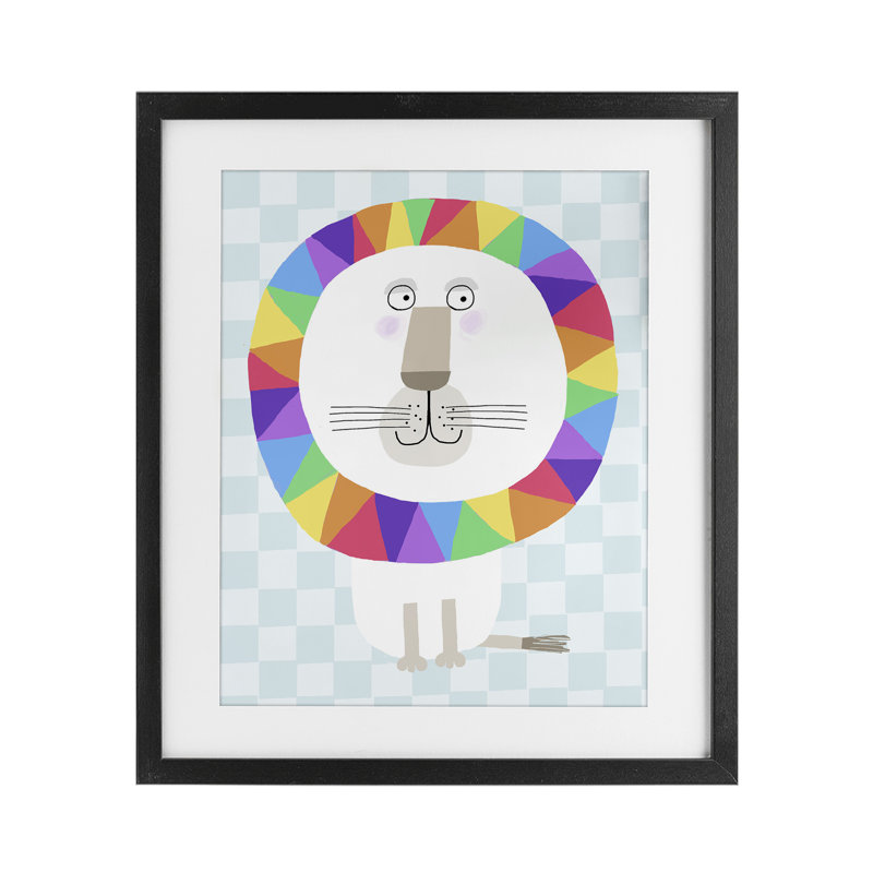 «Rainbow Geometric Lion», reproduction sous verre encadrée, design par Carla Daly, Cadre noir minuit, H 16 po x l 13 po
