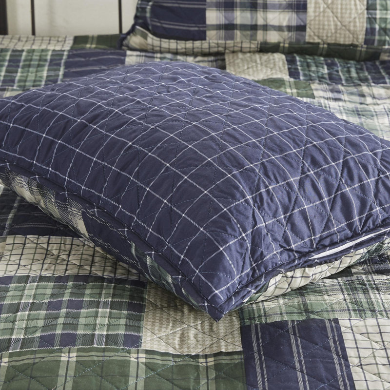 Ensemble de courtepointe en microfibre 3 pièces, Couvre-lit double et 2 taies décoratives standard, Vert / marine