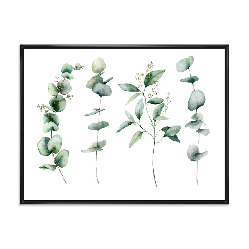 Green Eucalyptus Branches I - peinture sur toile, H 24 po x l 32 po x P 1 po, Cadre flottant noir