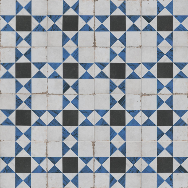 Carreau de porcelaine 8 po x 8 po Renaissance Deco, Indigo/Blanc