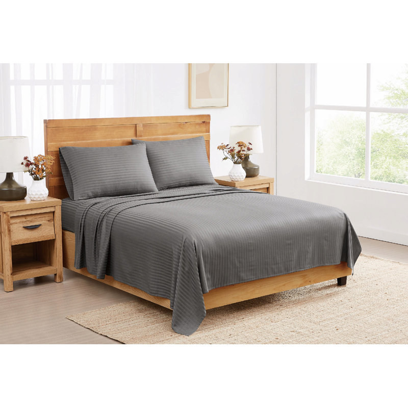 Royal Signature Dobby Stripe Sheet Set, Split King Sheet Set with 2 Fitted Sheets, Gray