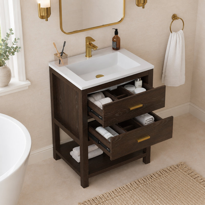Aastha 25" Walnut Single Sink Bathroom Vanity with Solid Surface Composite Top, 25"