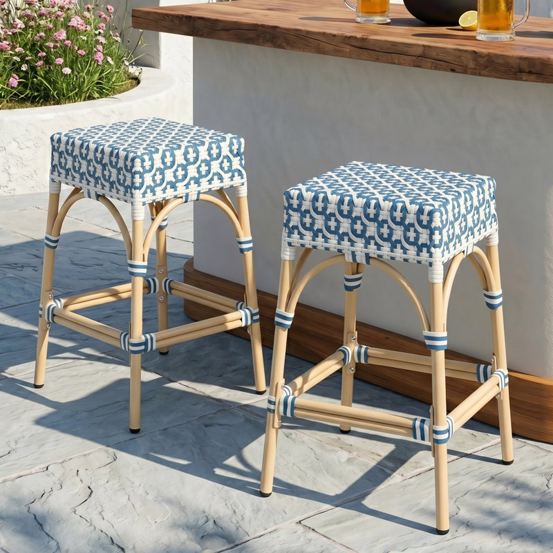 Tabourets de bar en polyuréthane tissé Coastal, Bleu / blanc