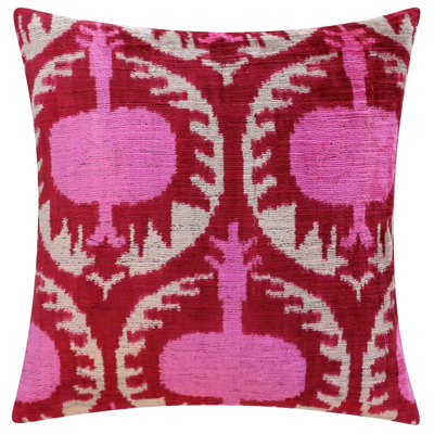 Handmade Silk Velvet Throw Pillow - 16X16, Red And Pink Traditional Design With Down Feather Insert
