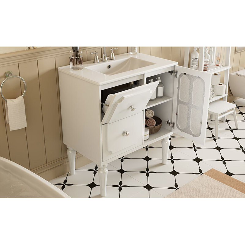 Meuble-lavabo de style rétro 30 po avec lavabo en céramique, meuble-lavabo simple autoportant avec 2 tiroirs, armoire de rangement avec cadre en bois massif, blanc