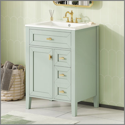 Meuble-lavabo de 24 po avec lavabo, panneau de fibres à densité moyenne et fabrication en bois d'hévéa, 3 tiroirs et armoire avec support de rangement à 2 niveaux, porte et tiroirs à fermeture en douceur, conception moderne pour les petites et moyennes salles de bain