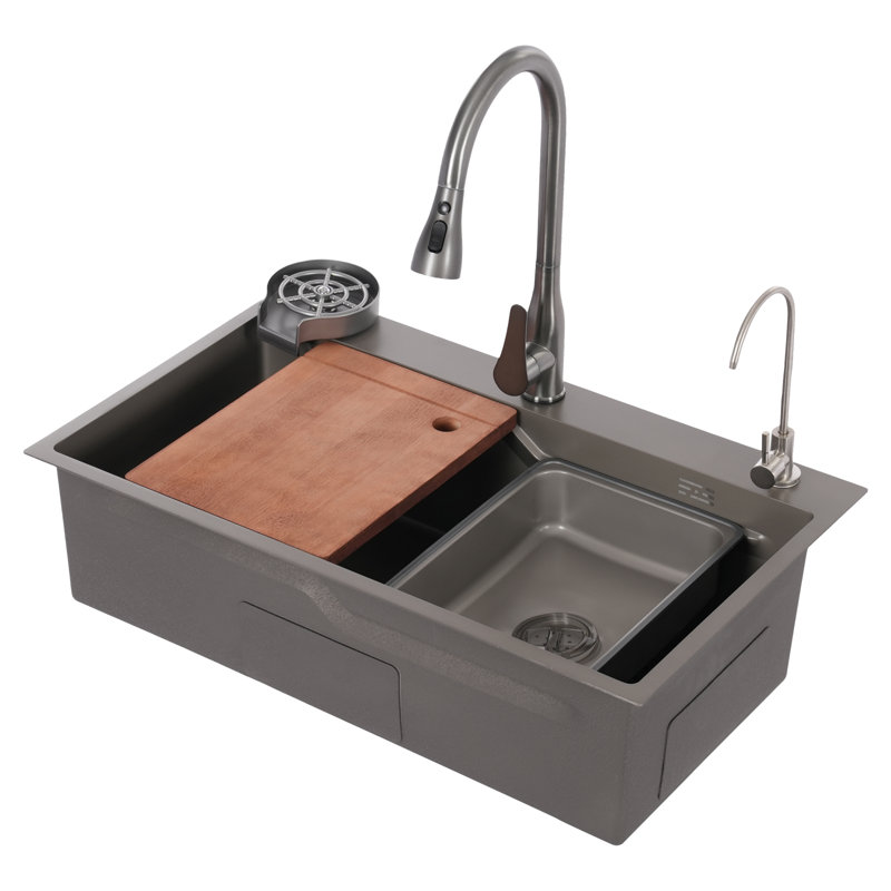 Stainless Steel Multifunction Kitchen Sink With Faucet, Gray