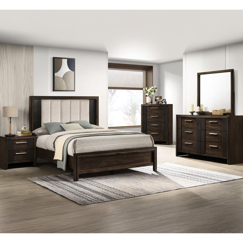 Grand lit, tête de lit tapissier, charme rustique, finition bois riche, esthétique contemporaine, style 1pc dans les tons bruns,