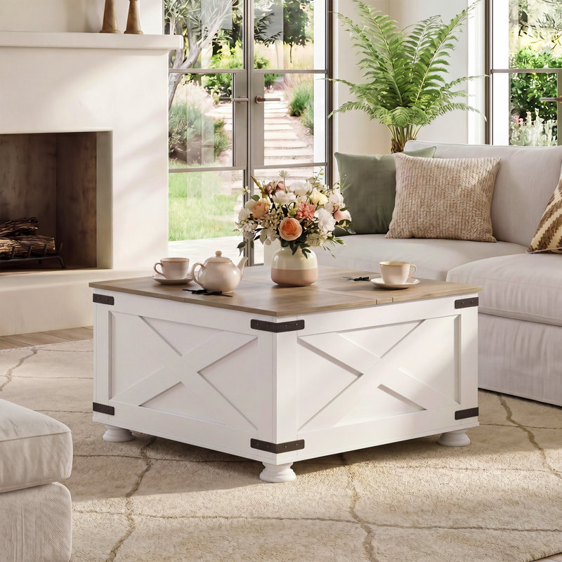 Farmhouse Coffee Table, 31.5" Square Coffee Table With Flip-Top Lids And Large Hidden Storage Compartment For Living Room