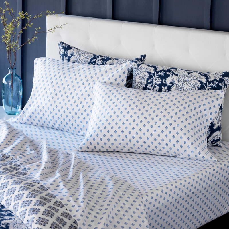 Martha Stewart Ines 250 Thread Count Floral Leaf Egyptian-Quality Cotton Sheet Set, Federal Blue, Queen