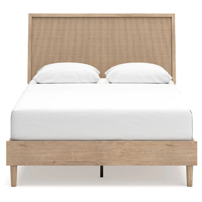 Ciel Queen Panel Bed With Cane Style Headboard, Brown And Beige Wood