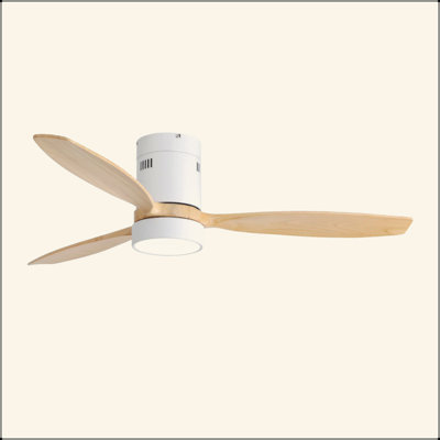 52 Inch Flush Mount Ceiling Fan DC 3 Solid Wood Fan Blade Noiseless Reversible Motor Remote Control With Light