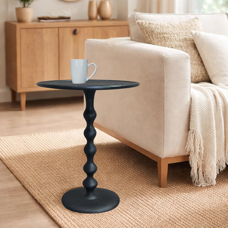 Lurene 22 Inch Round Side End Table - Cast Aluminum With Hammered Texture For Small Places, Matte Black
