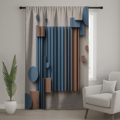 Blue Brown Geometric Shapes Window Curtains, Geometric Shapes Sheer & Blockout Curtains - 1 Panel