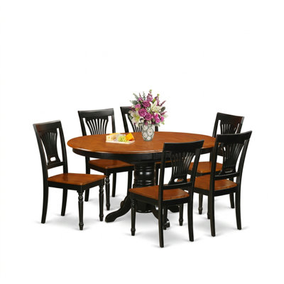 Ensemble de salle à manger ovale 7 pièces en bois d'hévéa massif couleur cerisier noir avec rallonge papillon, design moderne et dossier ergonomique.