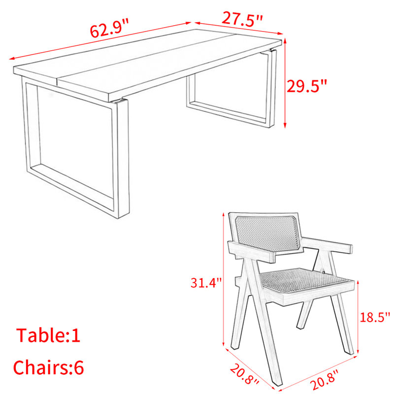 Modern simple solid wood dining table set., 29.5"H x 62.9"L x 27.5"W 