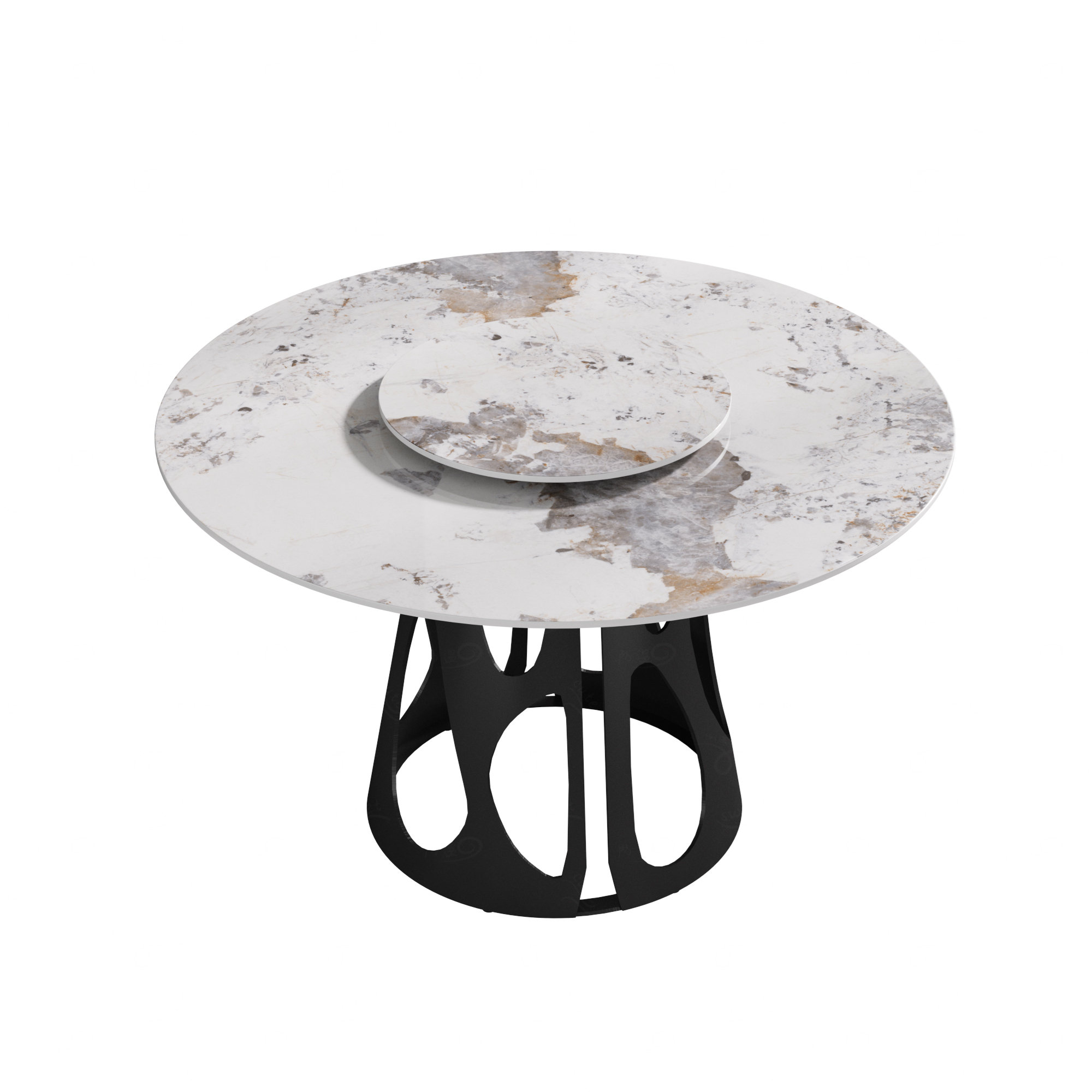 Orren Ellis Round Marble Dining Table with Black Iron Metal Base ...