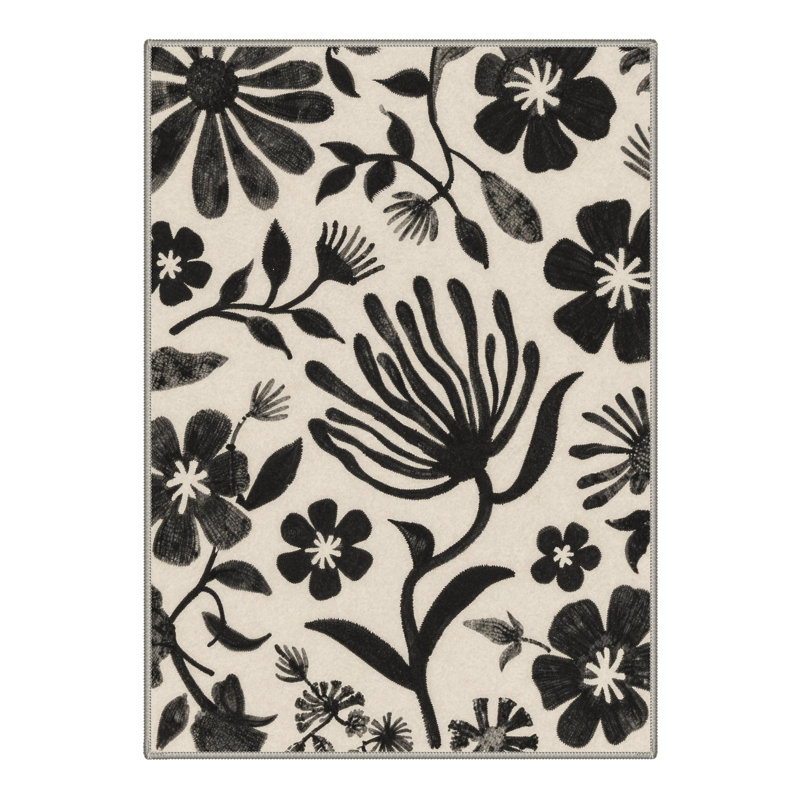 Veridiana Floral Machine Washable Beige / Black Indoor Area Rug with Non-Slip Backing, Rectangle 9' x 12'