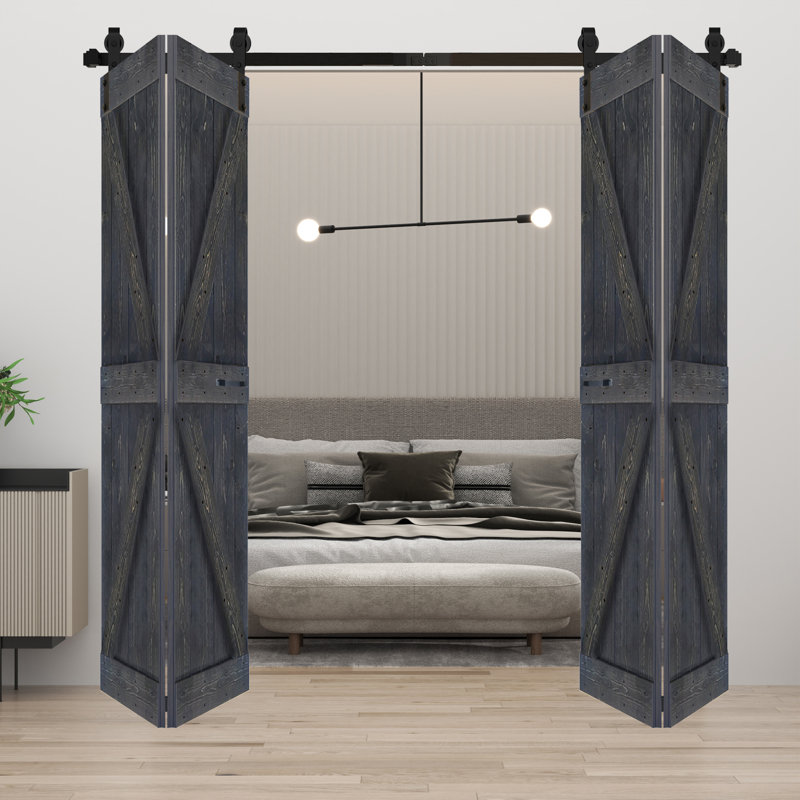 Porte de grange double pliante en bois massif de style K avec ensemble de quincaillerie - Assemblage requis, Gris carbone
