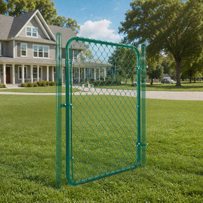 Barrière de clôture à chaînette verte H 5 pi x l 4 pi avec cadre rond, charnière et verrou pour enclos de jardin ou pour animaux, convient aux ouvertures de 52 po