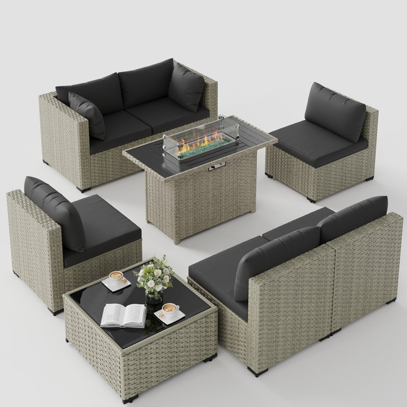 7 Pieces Design-Oriented Rattan Patio Conversation Sets With Fire Pit, Black