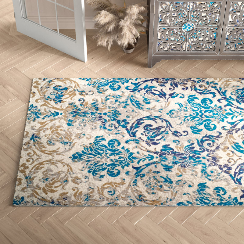 Tapis damas d'intérieur / extérieur bleu Dashamira, Rectangle de 5 pi x 8 pi