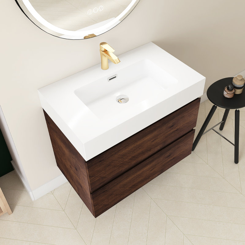 Louka 29.9'' Single Bathroom Vanity with Quartz Top, White, Walnut