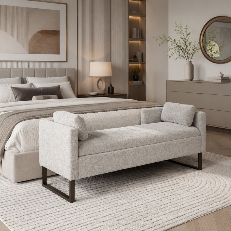 Banc de rangement avec tissu en chenille, accoudoirs et traversins, Gris clair